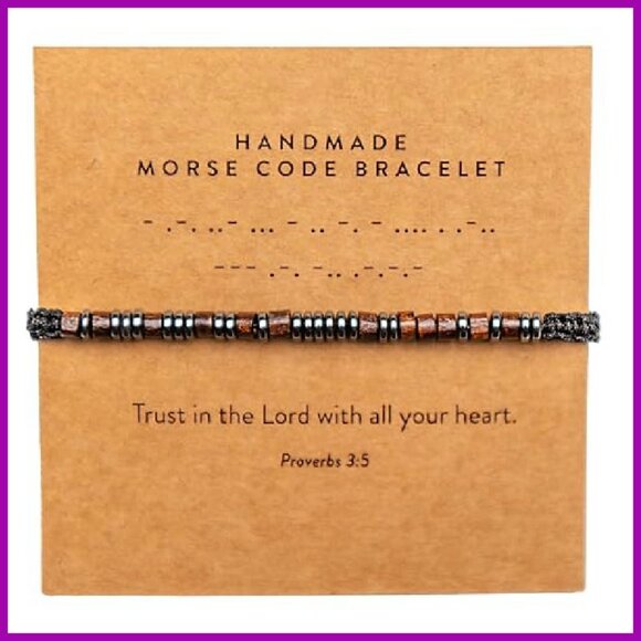 Handmade Adjustable Morse Code Bracelet Wood Hematite Beads Religious Gift - Picture 2 of 7